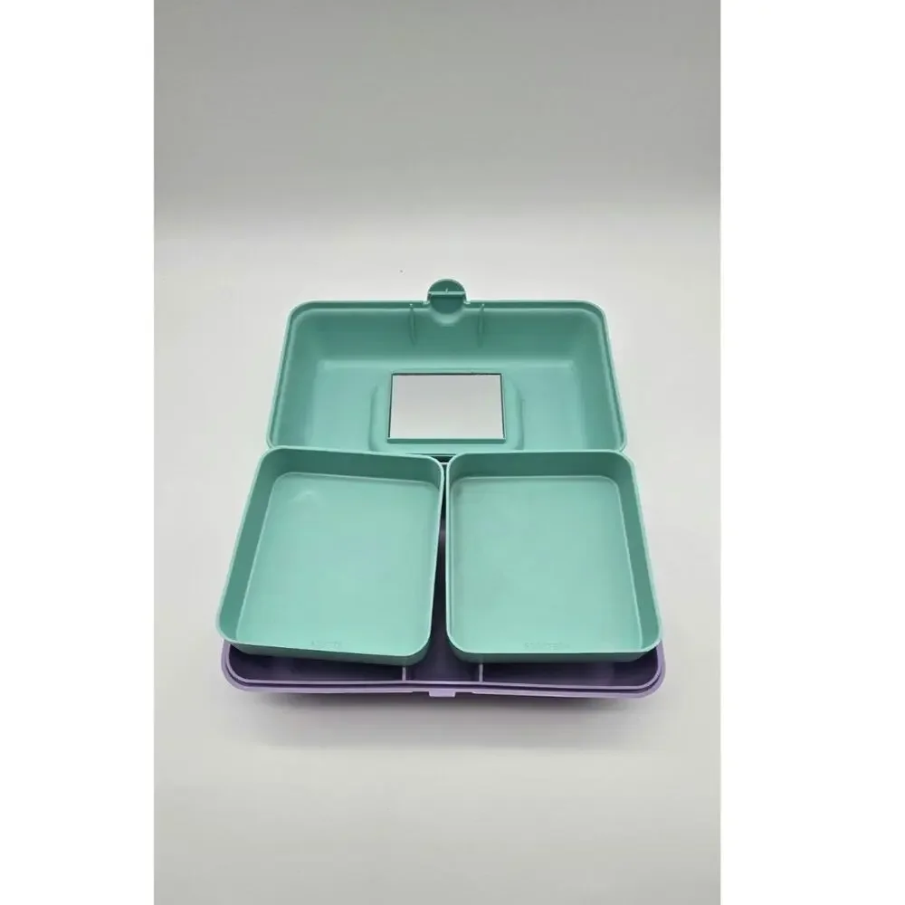Vintage Style Pastel Makeup Cosmetic Case Mirror Removable Trays Teal Purple